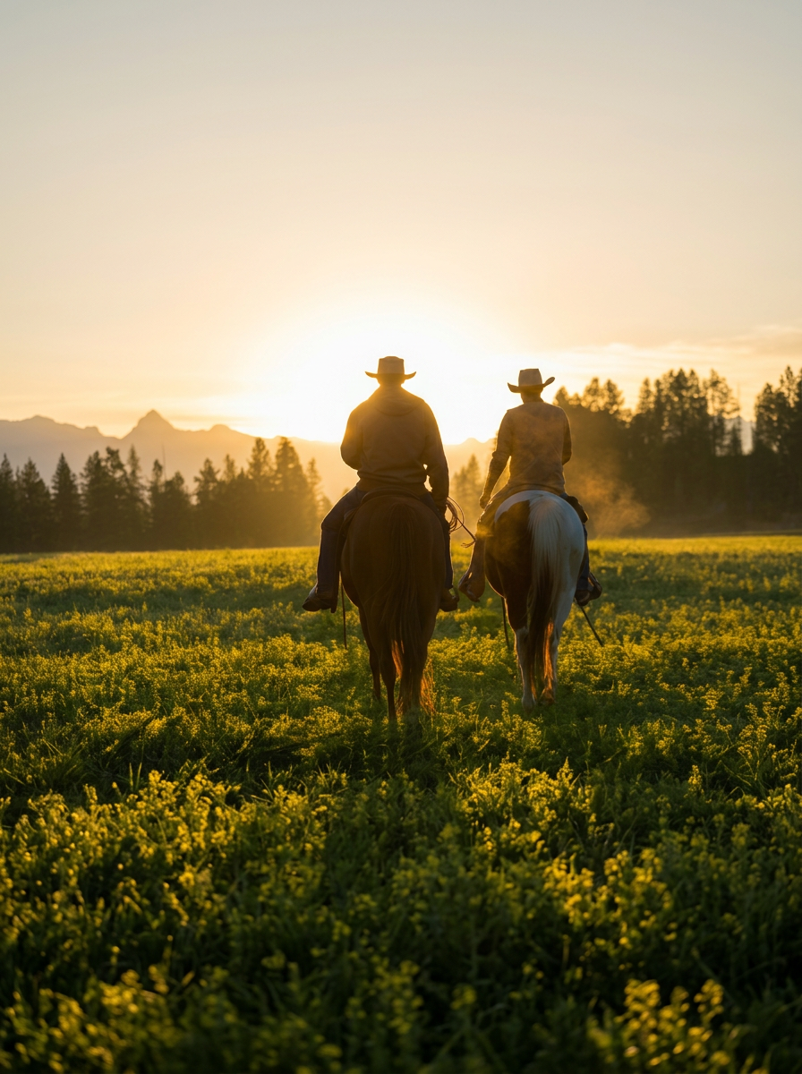 Cowboy guide leading two guests on horseback through Cariboo grasslands at sunrise